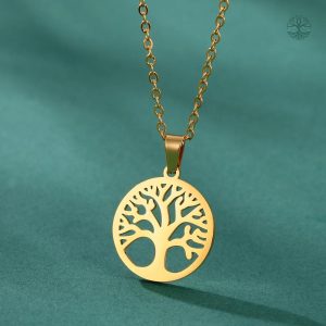 Collier en acier inoxydable avec motif Arbre de Vie doré