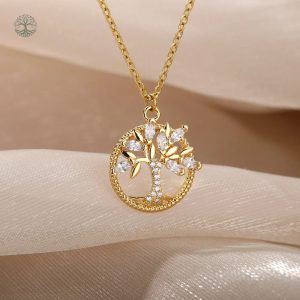 Collier Arbre de Vie doré avec oxyde de zirconium