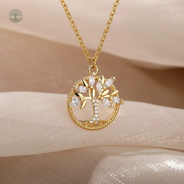 Collier Arbre de Vie doré avec oxyde de zirconium