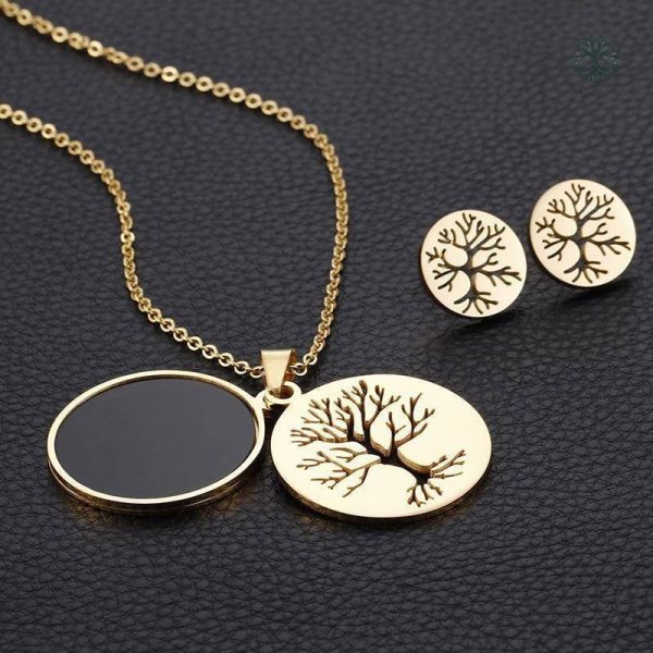 Bijoux Arbre de Vie en or, ensemble collier et boucles d'oreilles
