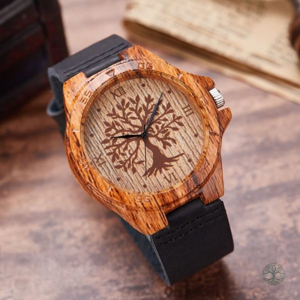 Montre Arbre de Vie en cuir noir élégante