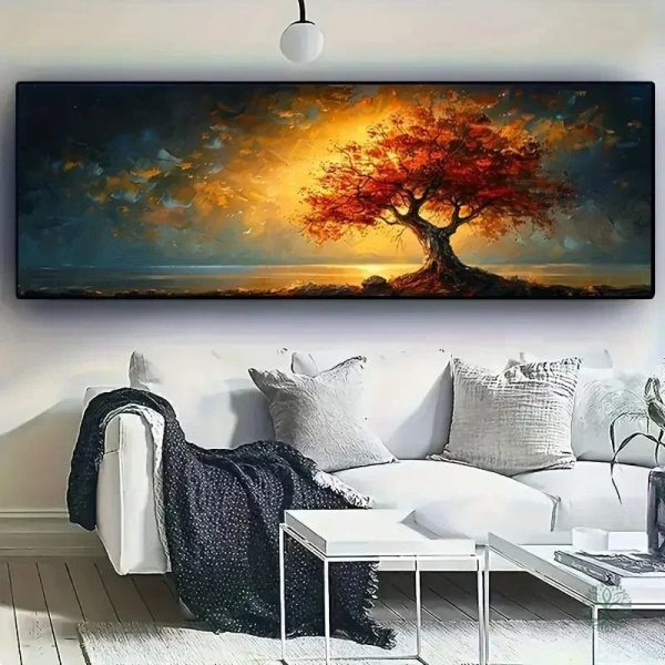 Toile Arbre rouge sous un ciel doré dramatique